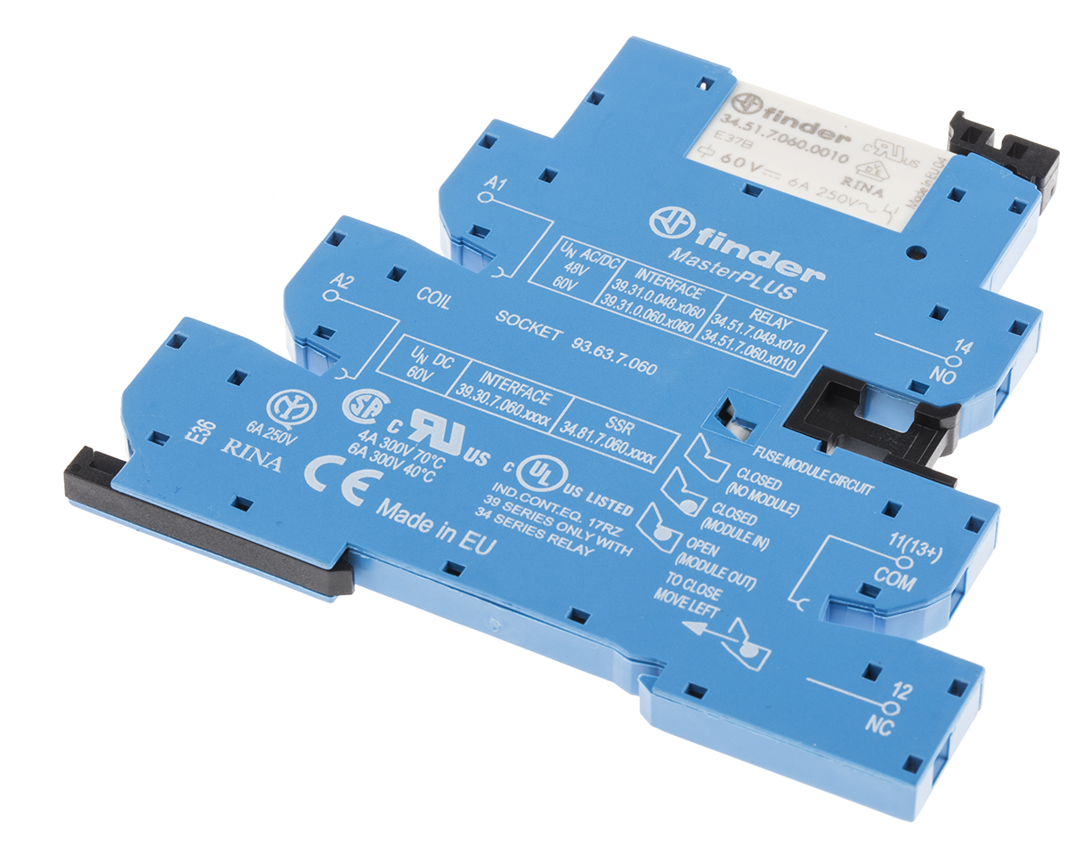 Finder 39 Series Interface Relay Module, DIN Rail Mount, 60V ac/dc Coil, SPDT, 1-Pole, 6/10A Load