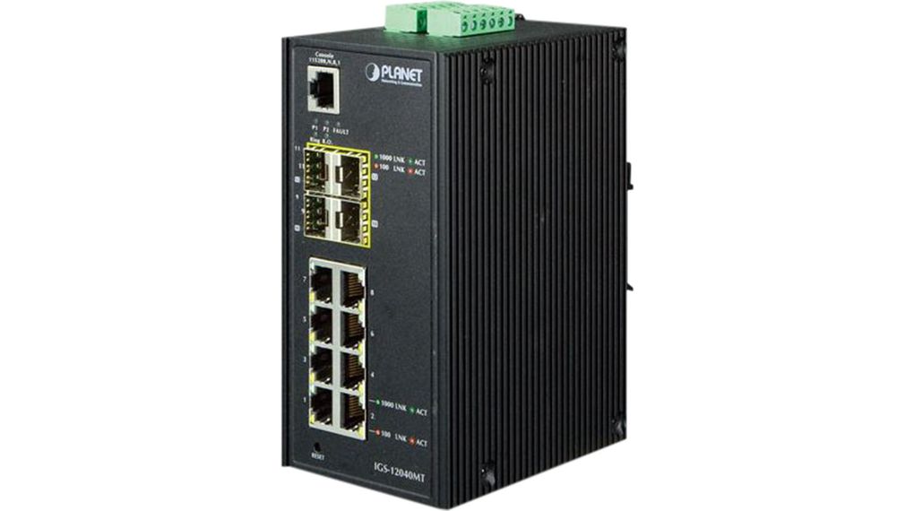 Planet IGS Series DIN Rail, Wall Industrial Ethernet Switch, 8 RJ45 Ports, 100Mbit/s Transmission, 12 → 72V dc