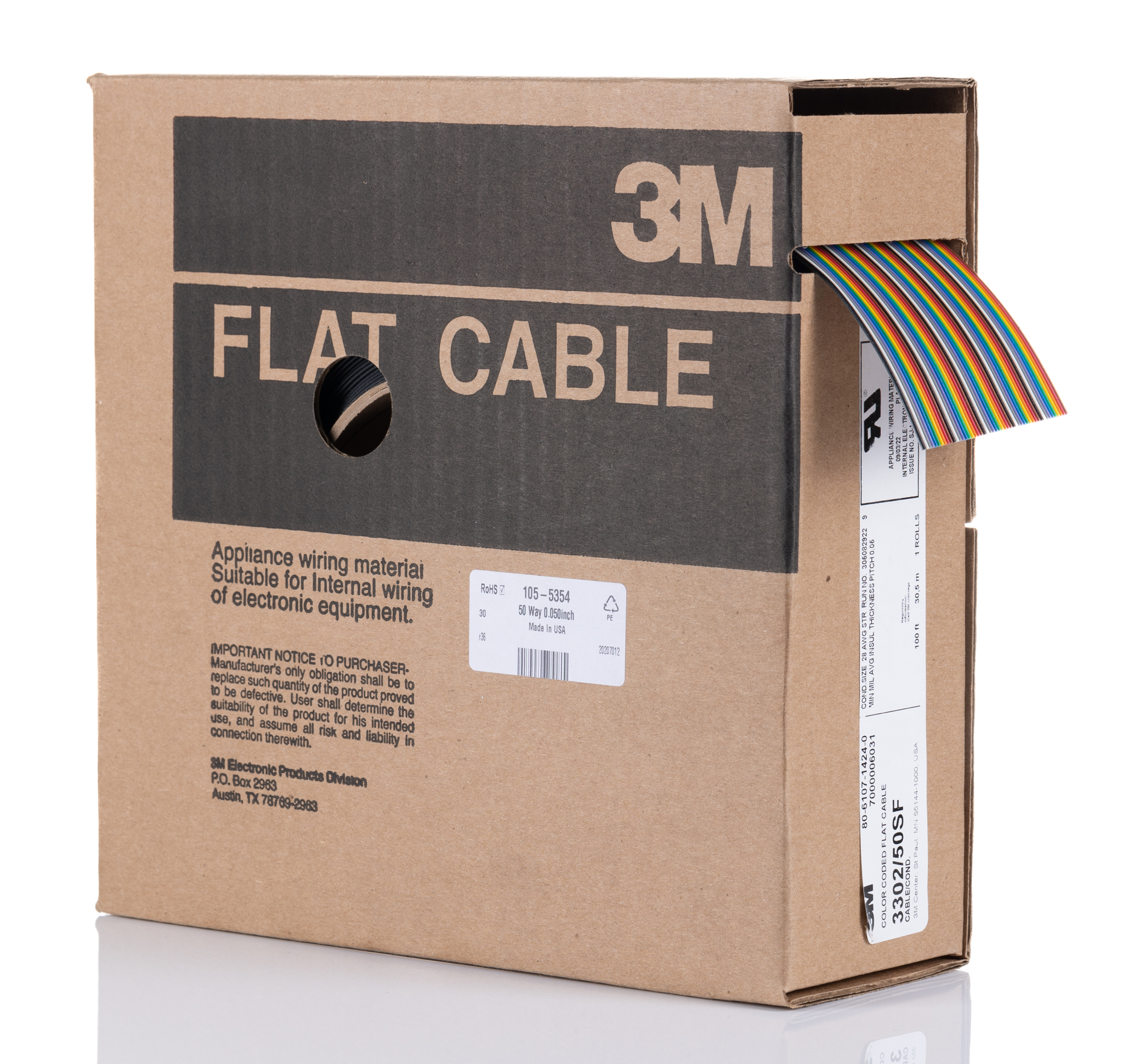 3M 3302 Series Flat Ribbon Cable, 50-Way, 1.27mm Pitch, 30m Length
