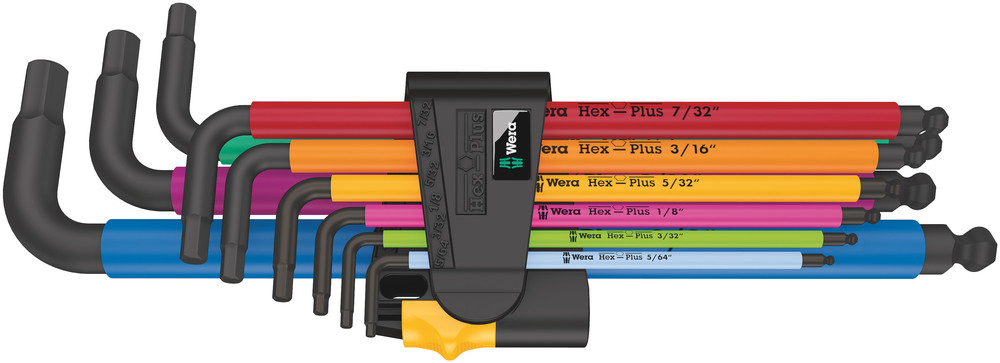 Wera 9 piece L Shape Imperial Hex Key Set, 1 x 5/64x101 mm, 1 x 3/32x112 mm, 1 x 1/8x123 mm, 1 x 5/32x137 mm, 1 x
