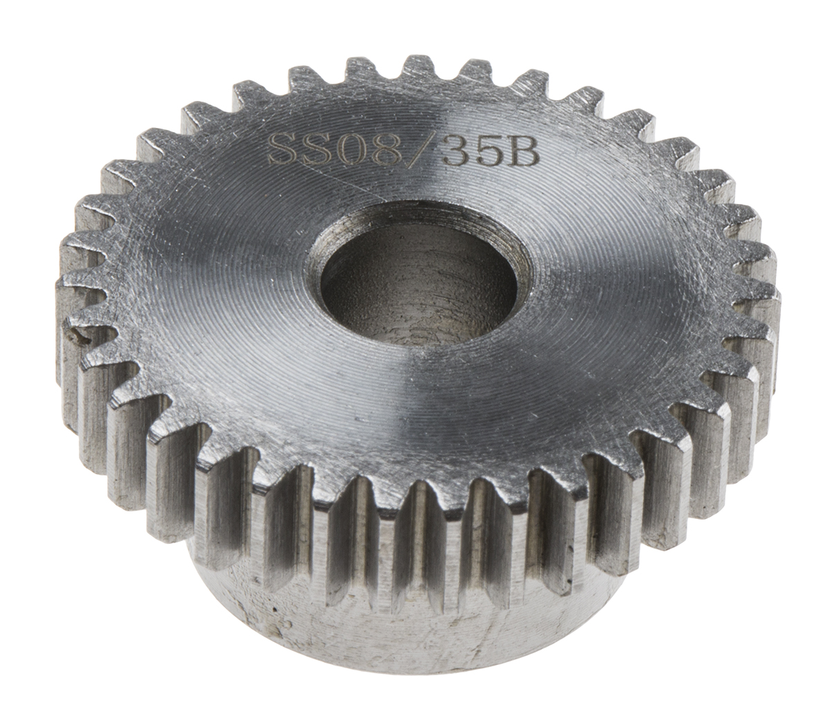RS PRO Steel 35 Teeth Spur Gear, 0.8 Module, 8mm Bore Diam, 28mm Pitch Diam, 19mm Hub Diam