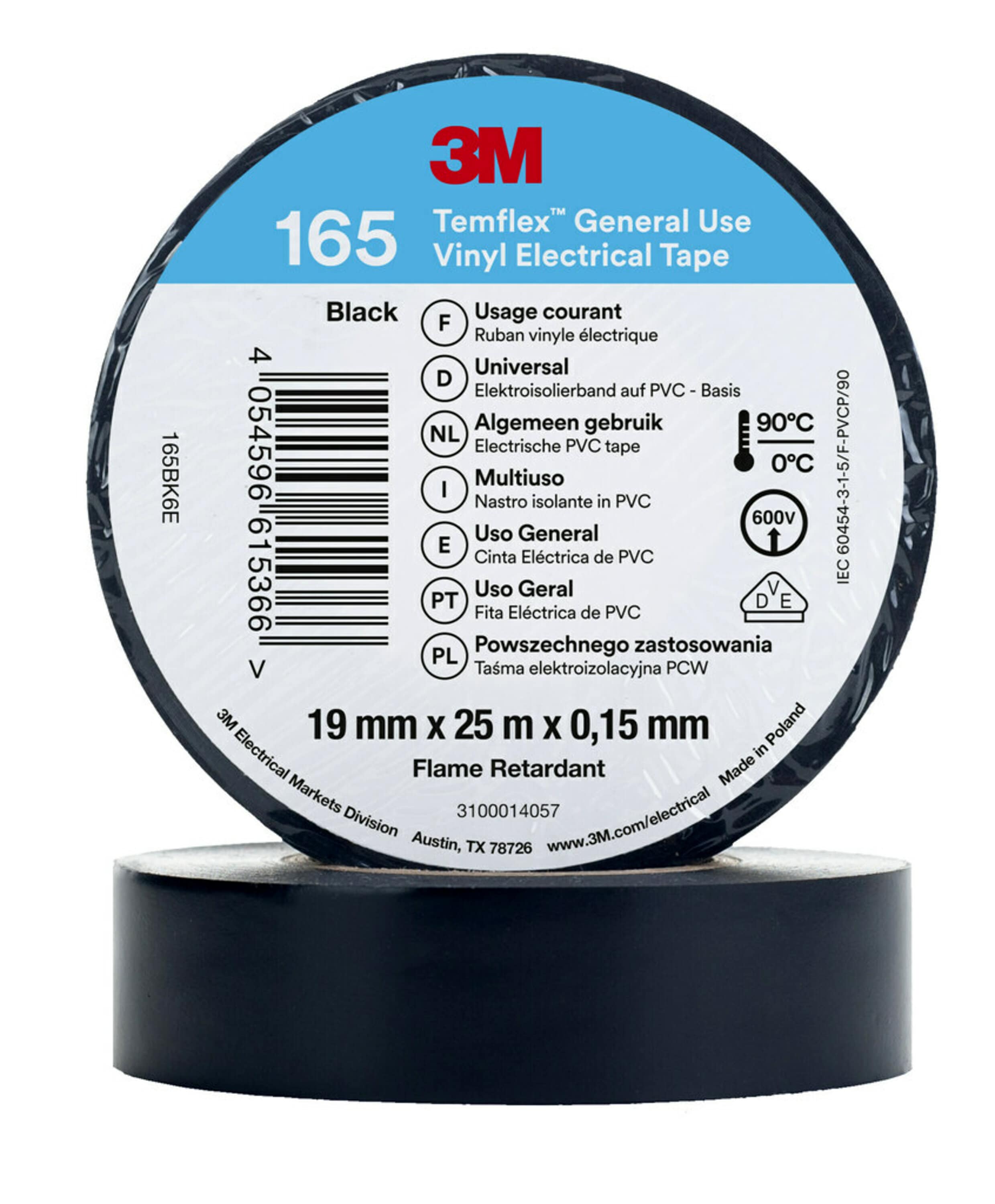 3M Temflex Black Polyvinyl Chloride Electrical Tape, 19mm x 25m