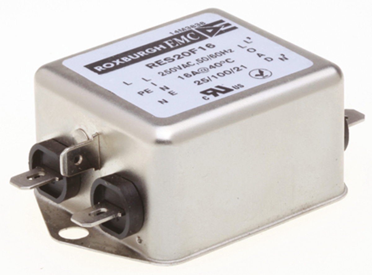 Roxburgh EMC, RES20 16A 250 V ac DC → 400Hz, Chassis Mount RFI Filter, Fast-On, Single Phase