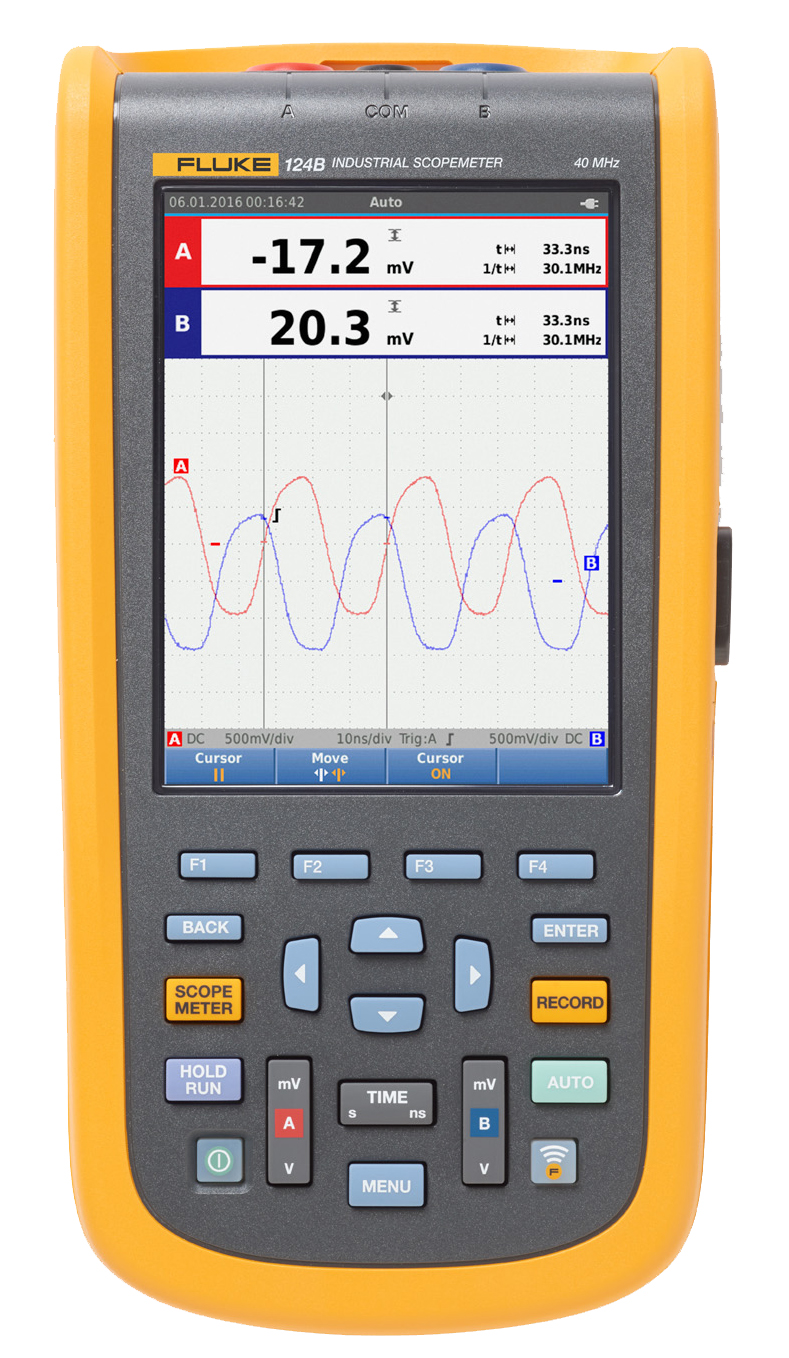 Fluke 124B ScopeMeter 120B Series, 40MHz Handheld Oscilloscope, 2 Analogue Channels, 2 Digital Channels - RS Calibrated