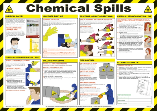 Chemical Spills Safety Guidance Safety Poster, Semi Rigid Laminate, English, 420 mm, 590mm