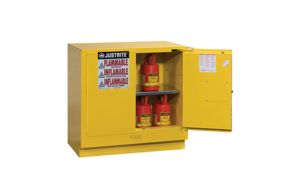 Justrite Yellow Steel Lockable 2 Door Flammable Cabinet, 889mm x 889mm x 559mm