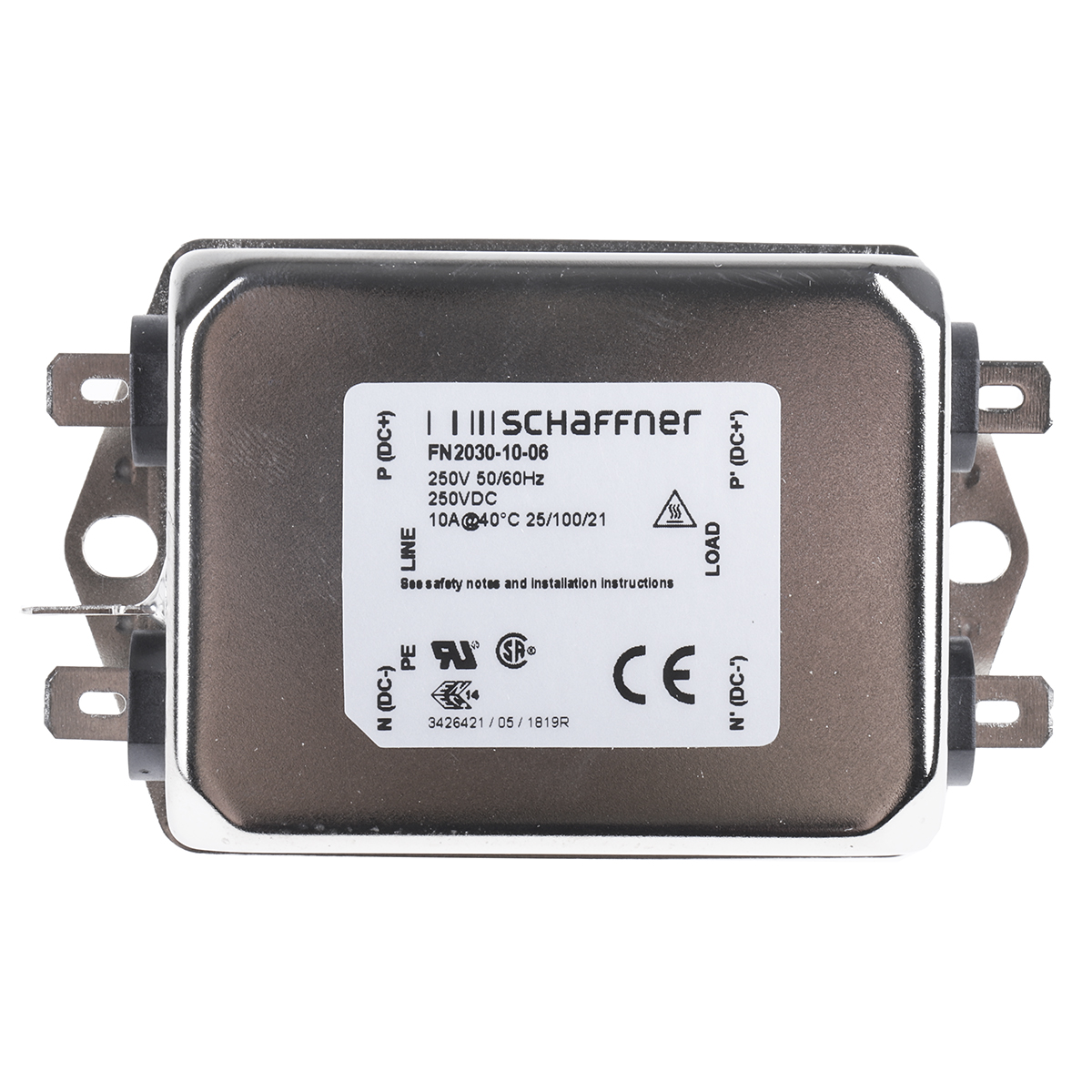 Schaffner, FN2030 10A 250 V ac/dc 400Hz, Chassis Mount EMI Filter, Fast-On, Single Phase