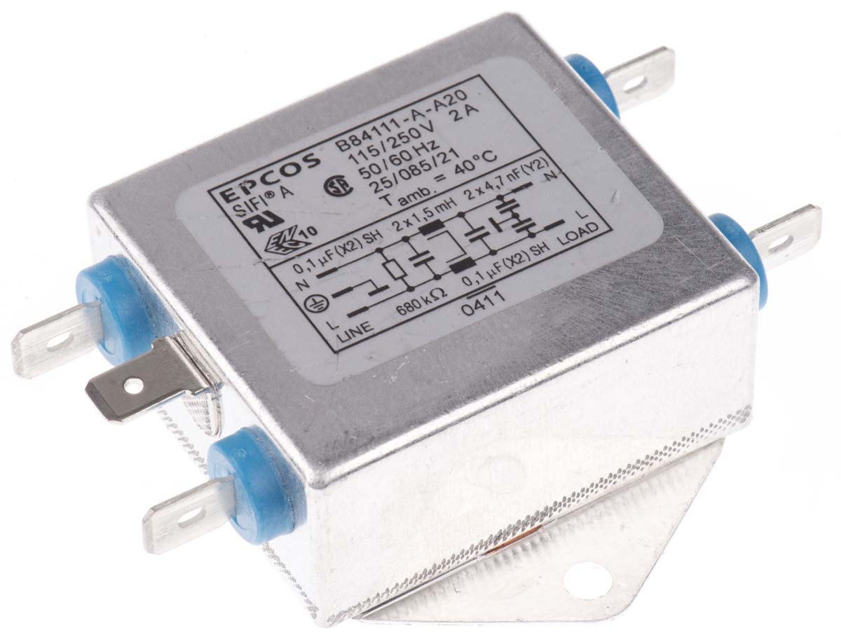 EPCOS B84111A Series 2A 250 V ac 60Hz Flange Mount RFI Filter, with Tab Terminals, Single Phase