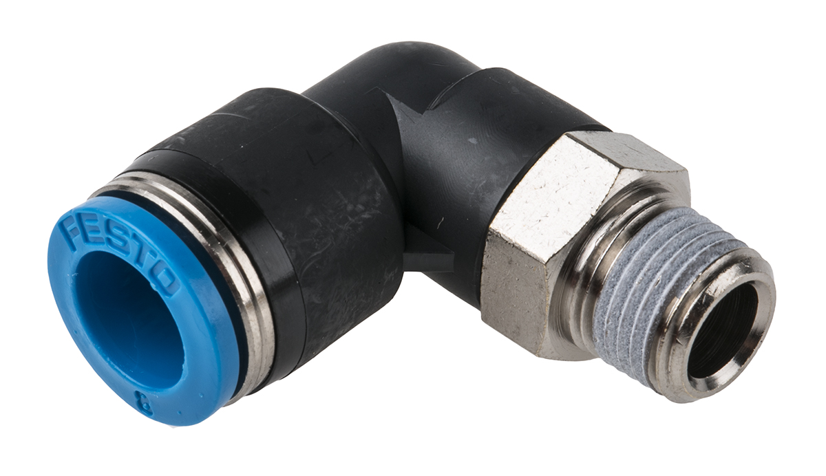 Festo QS Series Elbow Threaded Adaptor, R 1/8 Male to Push In 8 mm, Threaded-to-Tube Connection Style, 153048