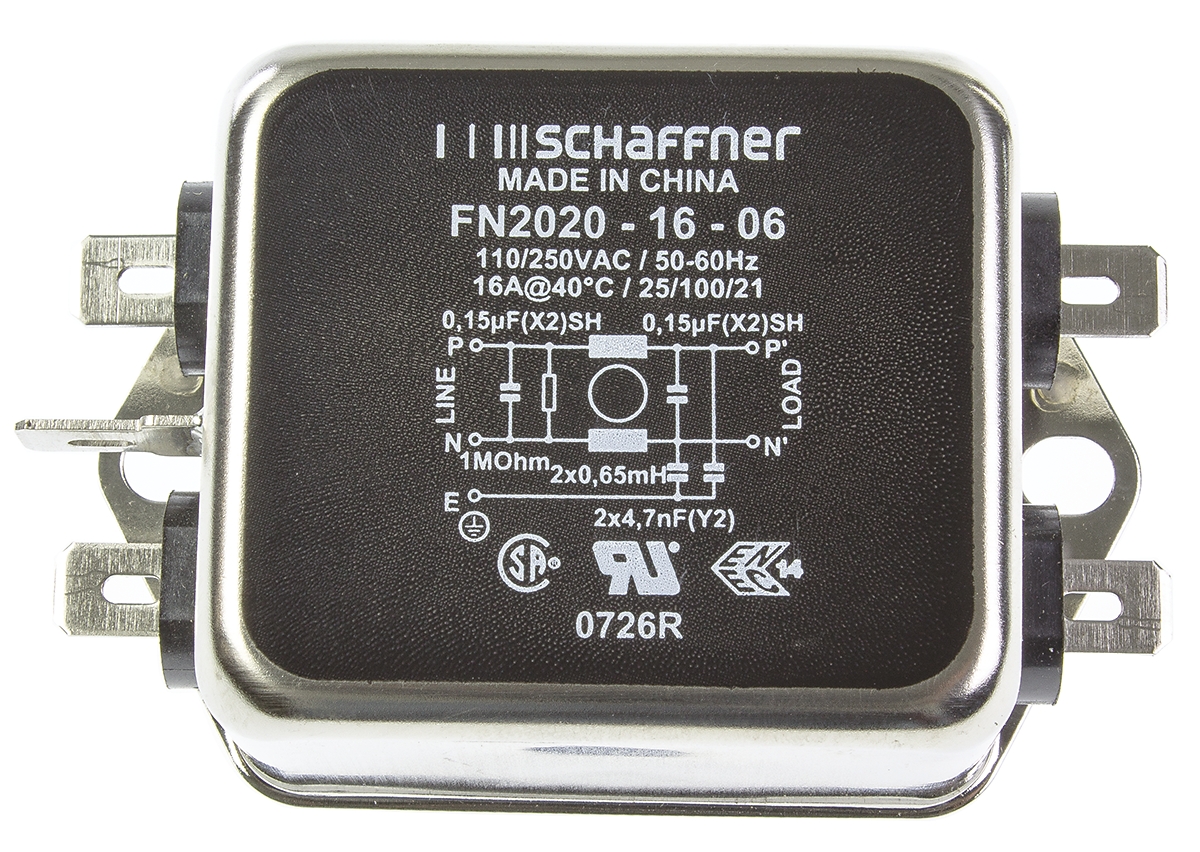 Schaffner, FN2020 16A 250 V ac/dc 400Hz, Chassis Mount EMI Filter, Fast-On, Single Phase