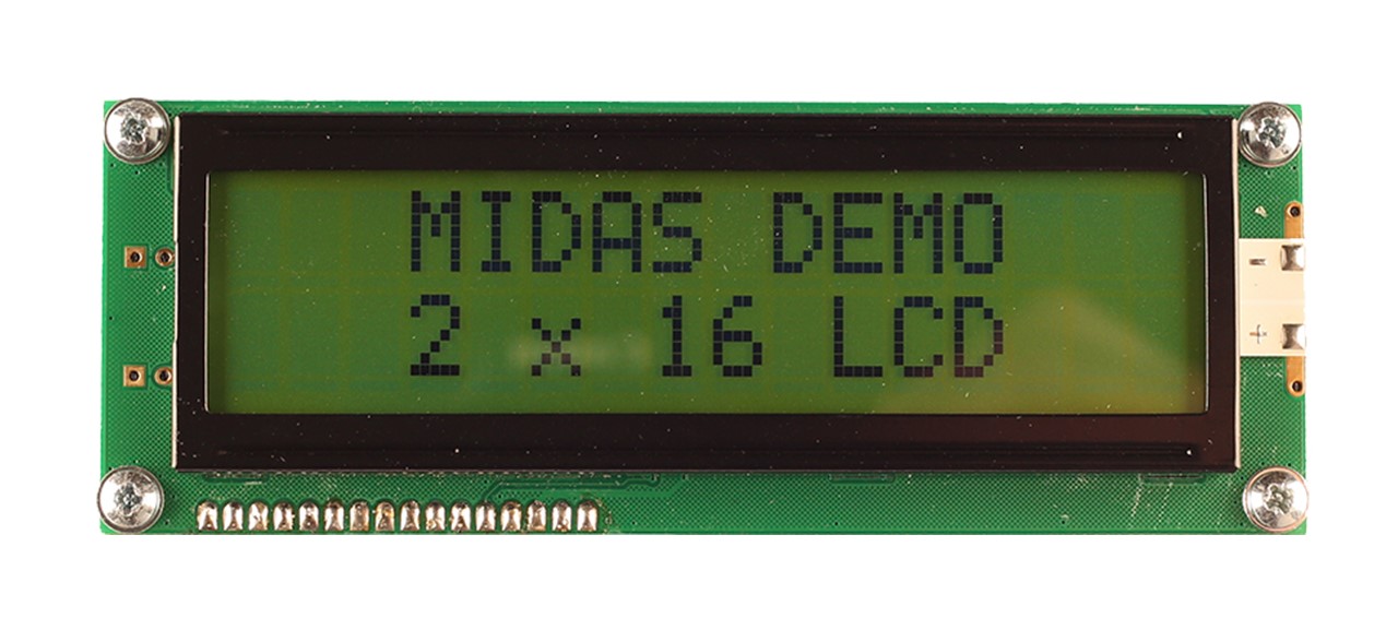 Midas MC21609A6W-SPR-V2 Alphanumeric LCD Display, Black on Yellow/Green, 2 Rows by 16 Characters, Reflective