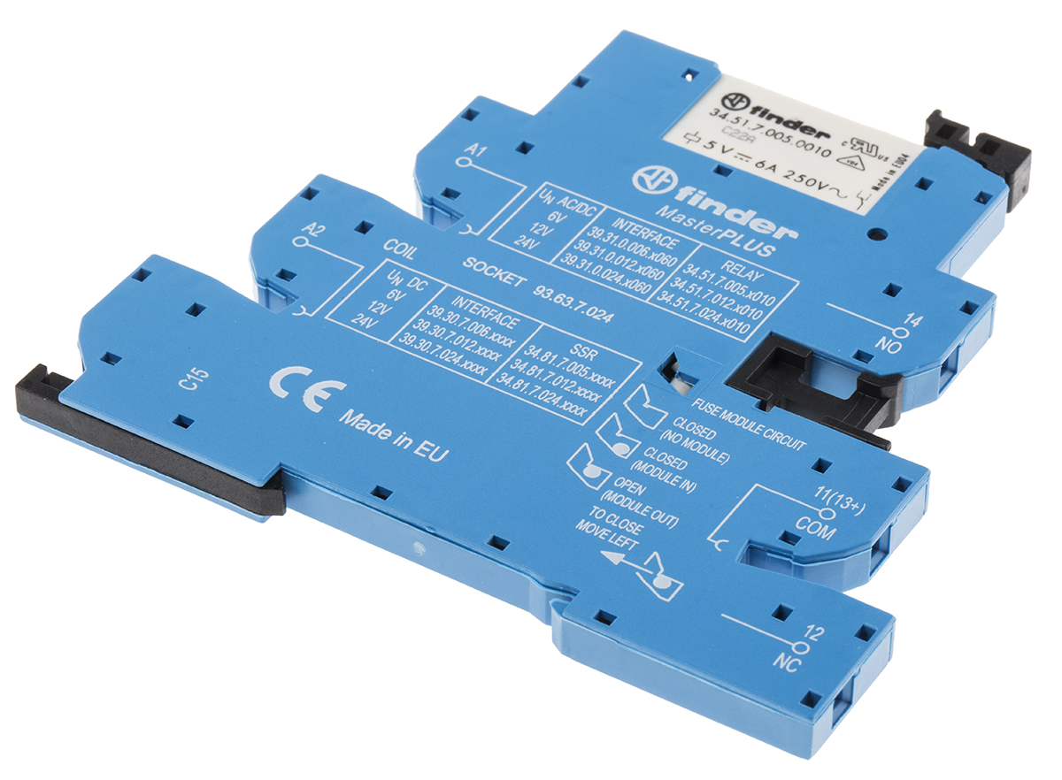 Finder 39 Series Interface Relay, DIN Rail Mount, 6V ac/dc Coil, SPDT, 1-Pole