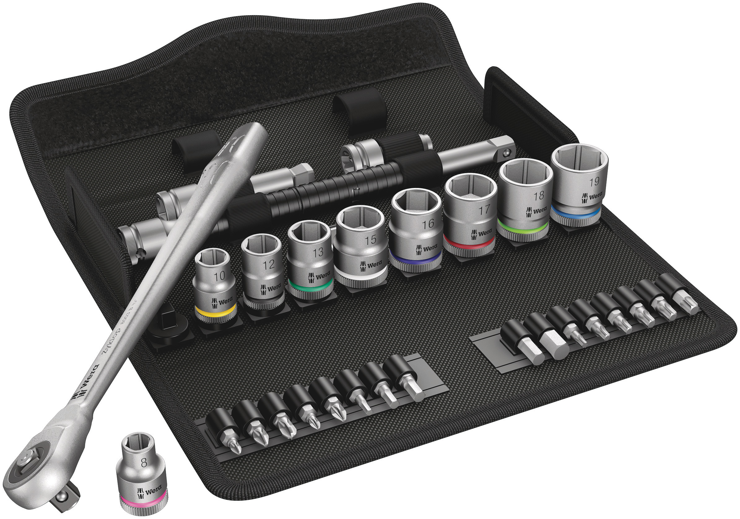 Wera 29-Piece Metric 3/8 in Standard Socket/Bit Set with Ratchet, 6 point; Hex Bit; Phillips Bit; Pozidriv Bit; Torx Bit