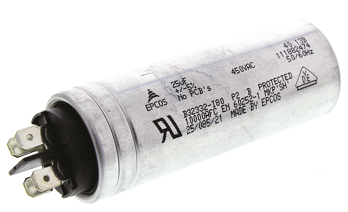 EPCOS B32332 Polypropylene Film Capacitor, 450V ac, ±5%, 25μF, Stud Mount