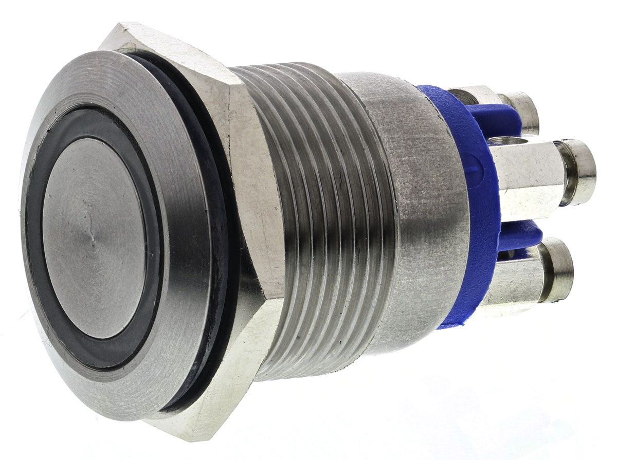 Bulgin MPI002 Series Illuminated Push Button Switch, Momentary, Panel Mount, 19.2mm Cutout, SPST, Blue LED, 24V dc, IP66