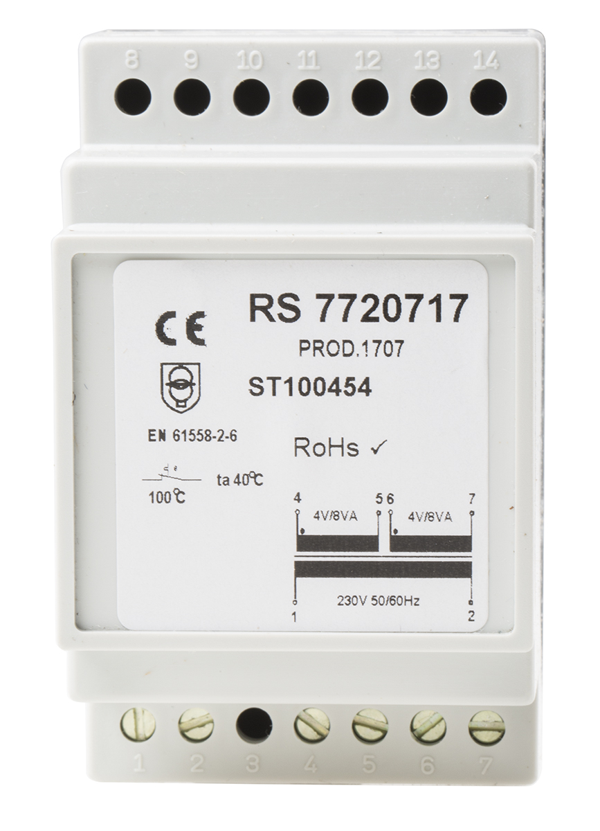 RS PRO 16VA DIN Rail Transformer, 230V ac Primary, 4V ac Secondary