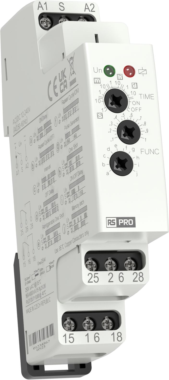 RS PRO DIN Rail Mount Timer Relay, 12 → 240V ac/dc, 1-Contact, 0.1 s → 10days, 10-Function, SPDT