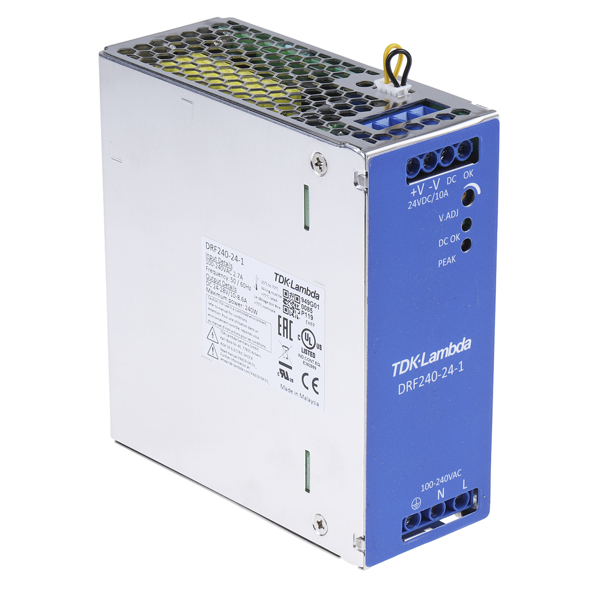 TDK-Lambda DRF Switched Mode DIN Rail Power Supply, 85 → 264V ac ac Input, 24V dc dc Output, 10A Output, 240W
