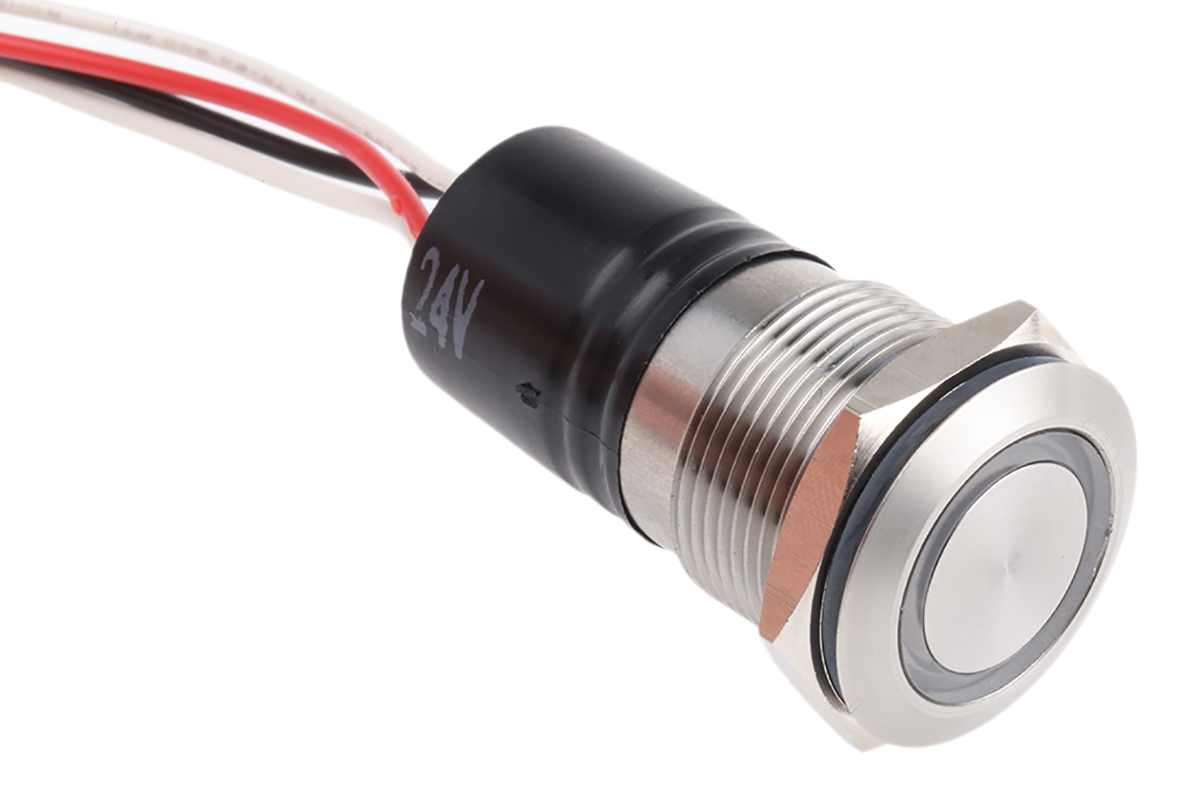Bulgin MPI002 Series Illuminated Push Button Switch, Momentary, Panel Mount, 19.2mm Cutout, SPST, Blue LED, IP66