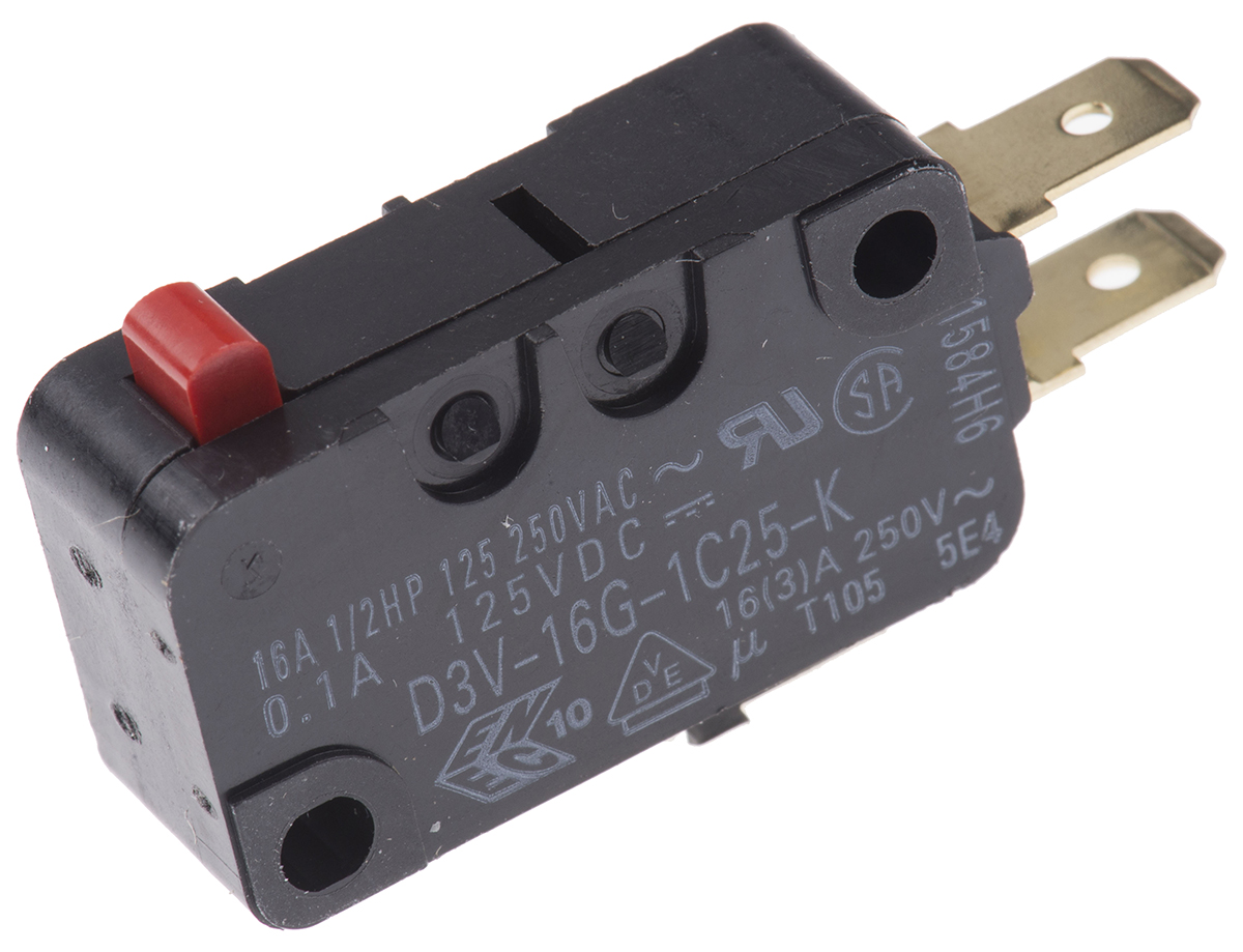 Omron Pin Plunger Micro Switch, Quick Connect Terminal, 16 A @ 250 V ac, SP-CO, IP40
