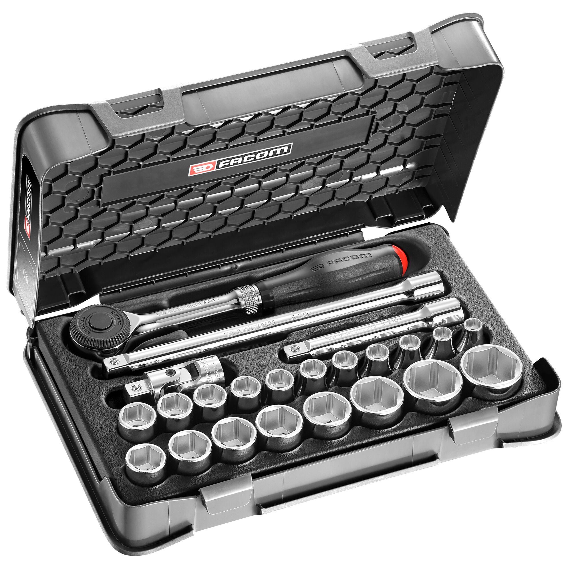 Facom 23-Piece Metric 1/2 in Standard Socket Set with Ratchet, 6 point