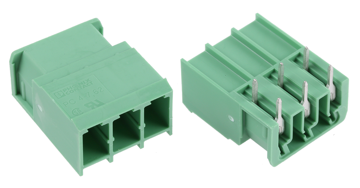 Phoenix Contact, 7.62mm Pitch, COMBICON PC, 3 Way, Right Angle, Pluggable Terminal Block, Header, Solder Termination,