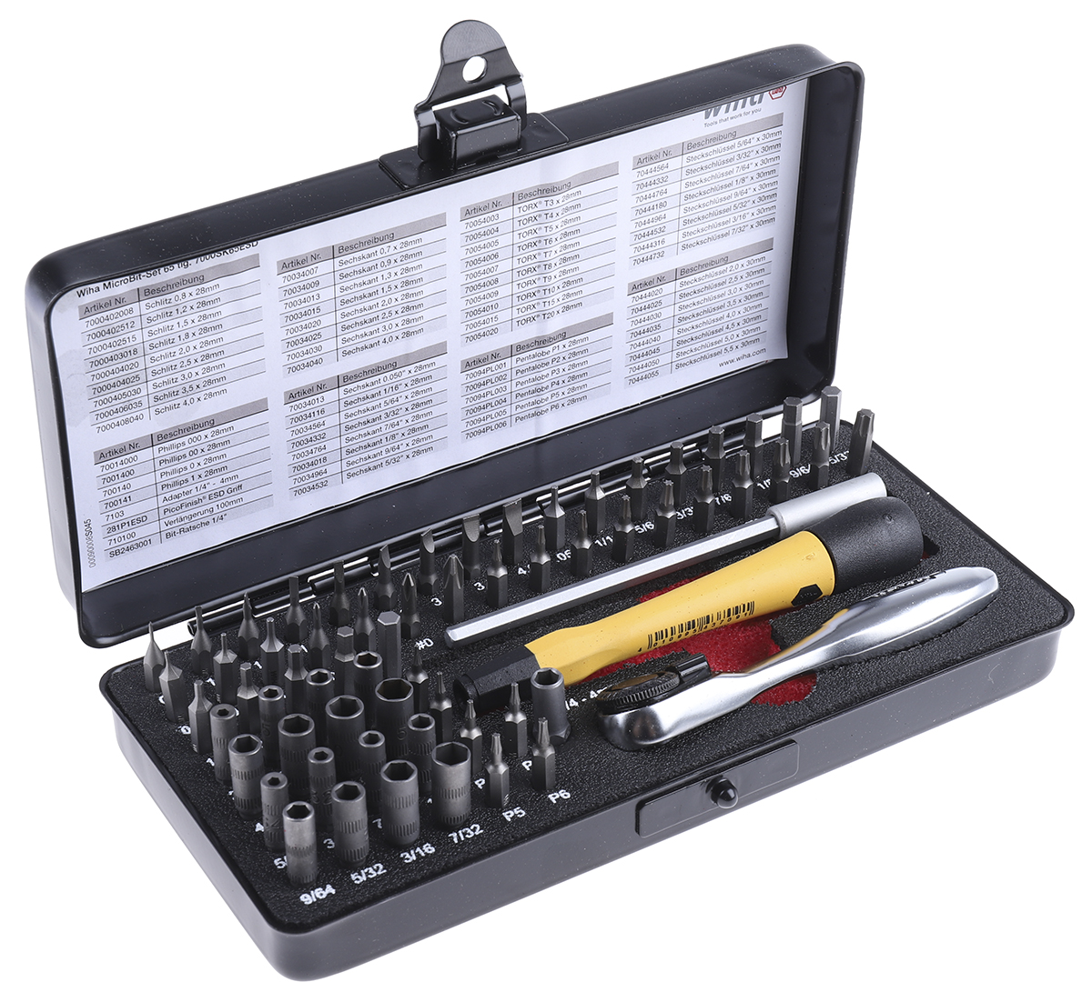 Wiha Driver Bit Set 65 Pieces, Hexagon, Pentalobe, Phillips, Slotted, Torx