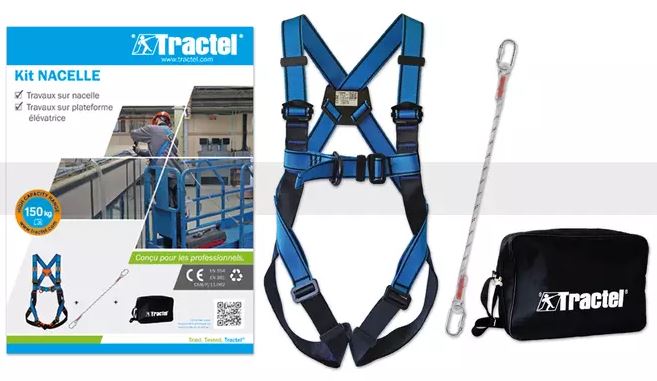 Tractel with The kit includes a HT22 safety harness, a LD 1.5 m lanyard with connectors, a carry bag