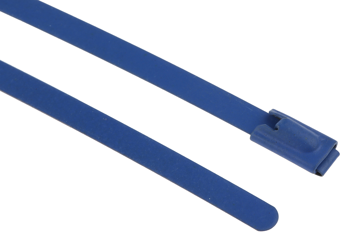 RS PRO Cable Tie, Roller Ball, 100mm x 4.6 mm, Blue Polyester Coated Stainless Steel, Pk-100