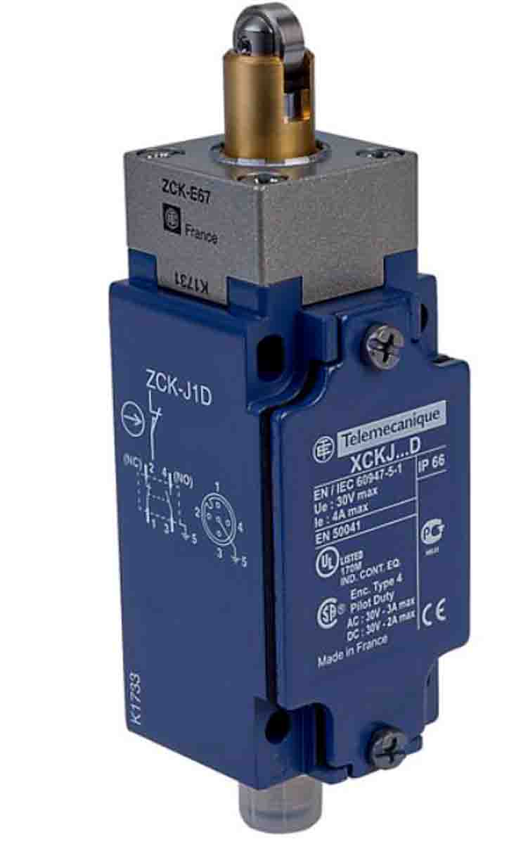 Telemecanique Sensors XCKJ Series Roller Plunger Limit Switch, 1NC/1NO, IP66, DPST, Zinc Alloy Housing, 50V ac Max, 3A