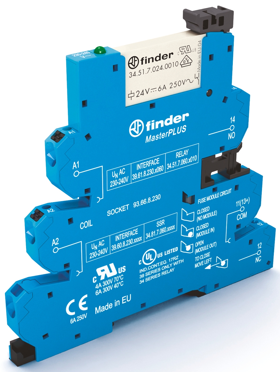 Finder 39 Series Interface Relay Module, DIN Rail Mount, 12V ac/dc Coil, SPDT, 1-Pole, 6/10A Load