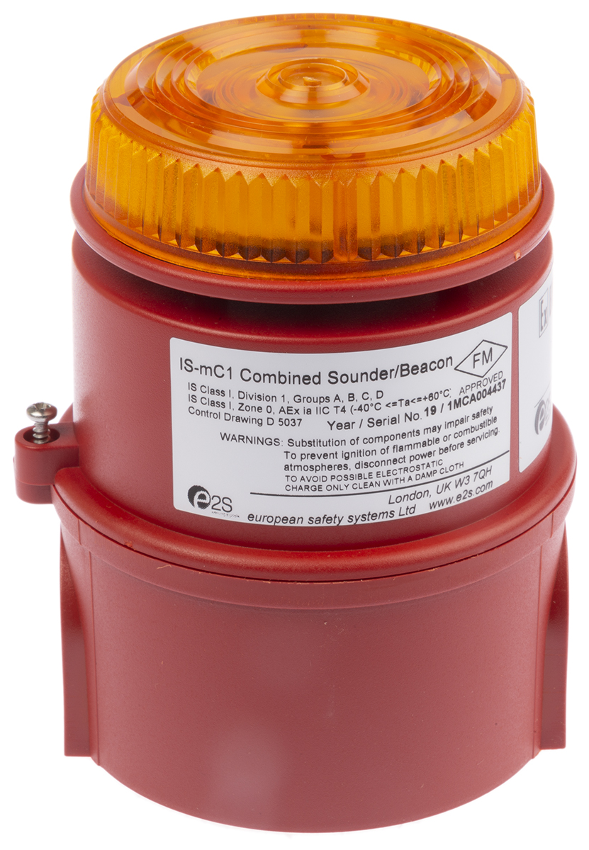 e2s IS-MC1 Series Amber Sounder Beacon, 16 → 28 V dc, IP65, Wall Mount, 100dB at 1 Metre