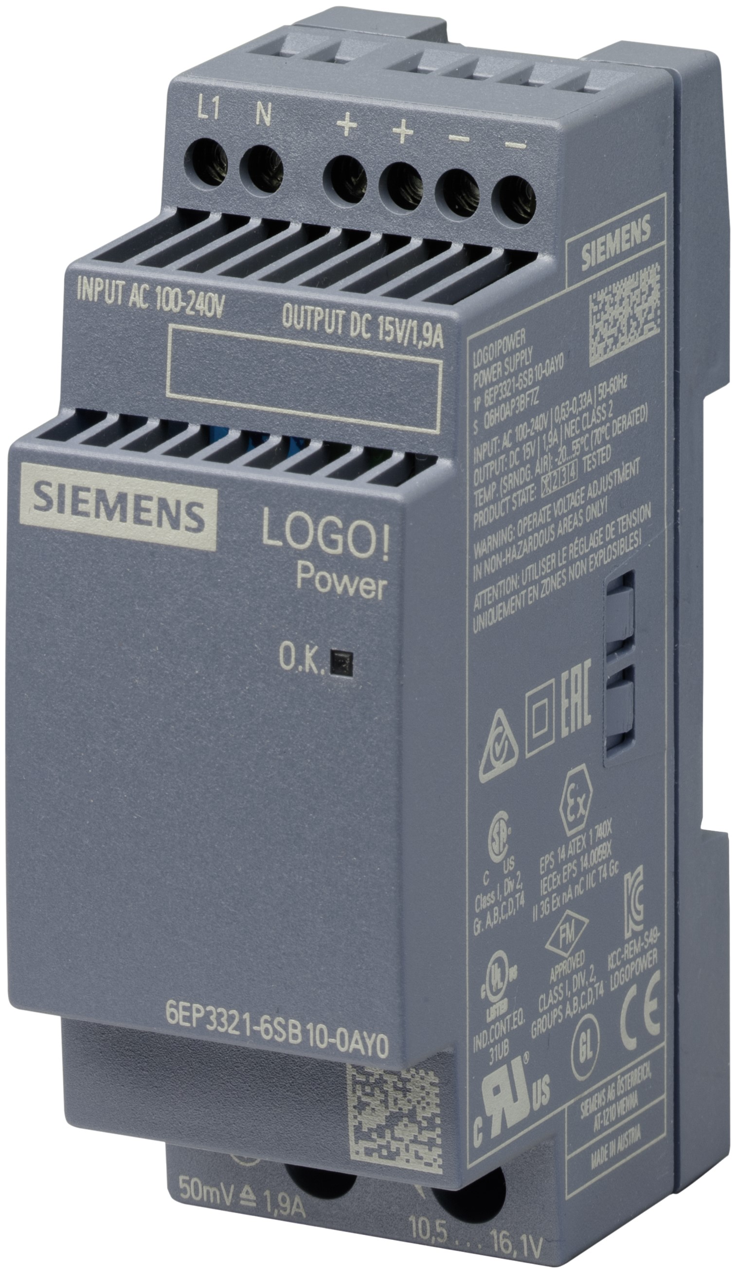 Siemens LOGO POWER Switched Mode DIN Rail Power Supply, 230V ac, 15V dc dc Output, 1.9A Output, 28.5W
