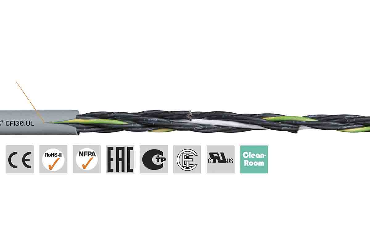 Igus Chainflex CF130.UL Control Cable, 3 Cores, 1.5 mm² 15 AWG, Unscreened, 25 m, Grey Polyvinyl Chloride Sheath