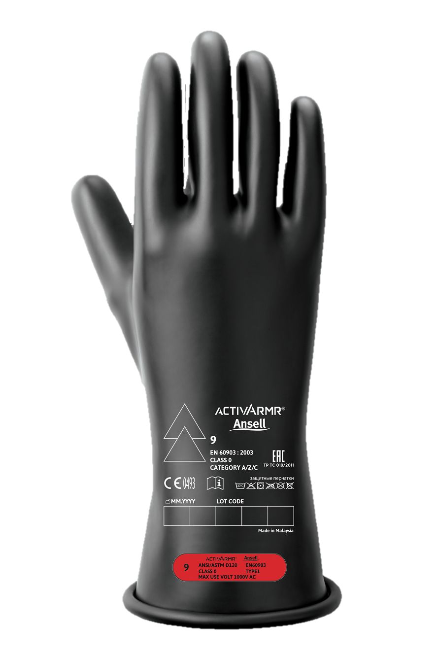 Ansell RIG014B Black Natural Latex Rubber Latex Electrical Insulating Gloves, Size 10, Latex Coating
