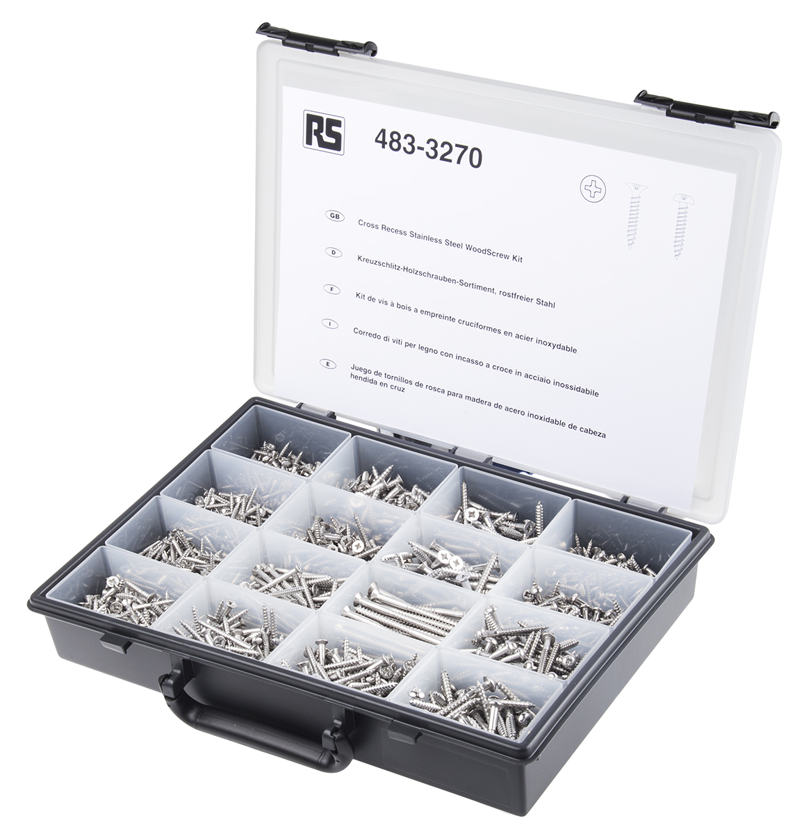 RS PRO Stainless Steel 1250 Piece Pozidriv, Slot Drive Screw/Bolt Kit