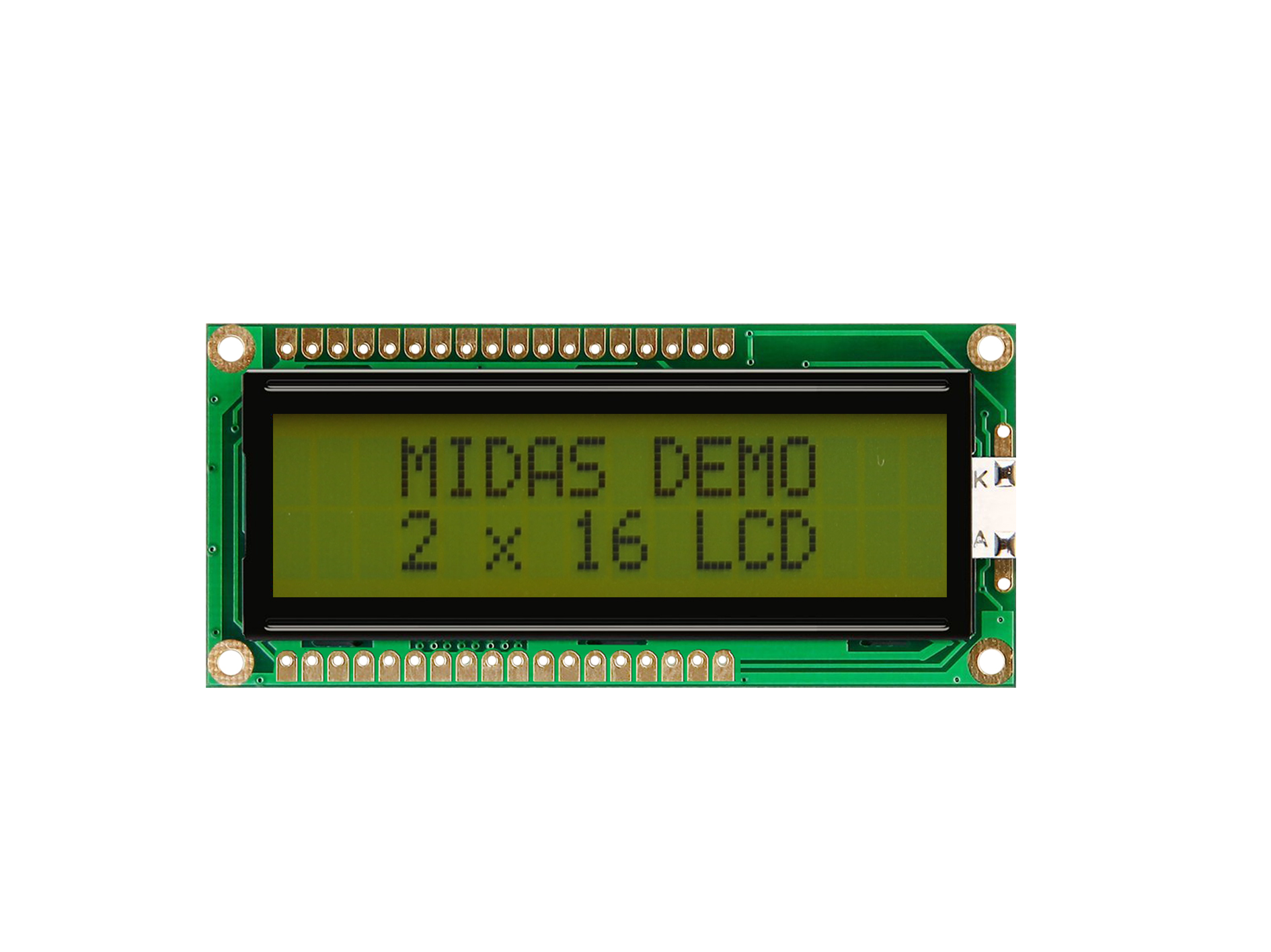 Midas MC21605G6W-SPR-V2 Alphanumeric LCD Display, Black on Yellow/Green, 2 Rows by 16 Characters, Reflective