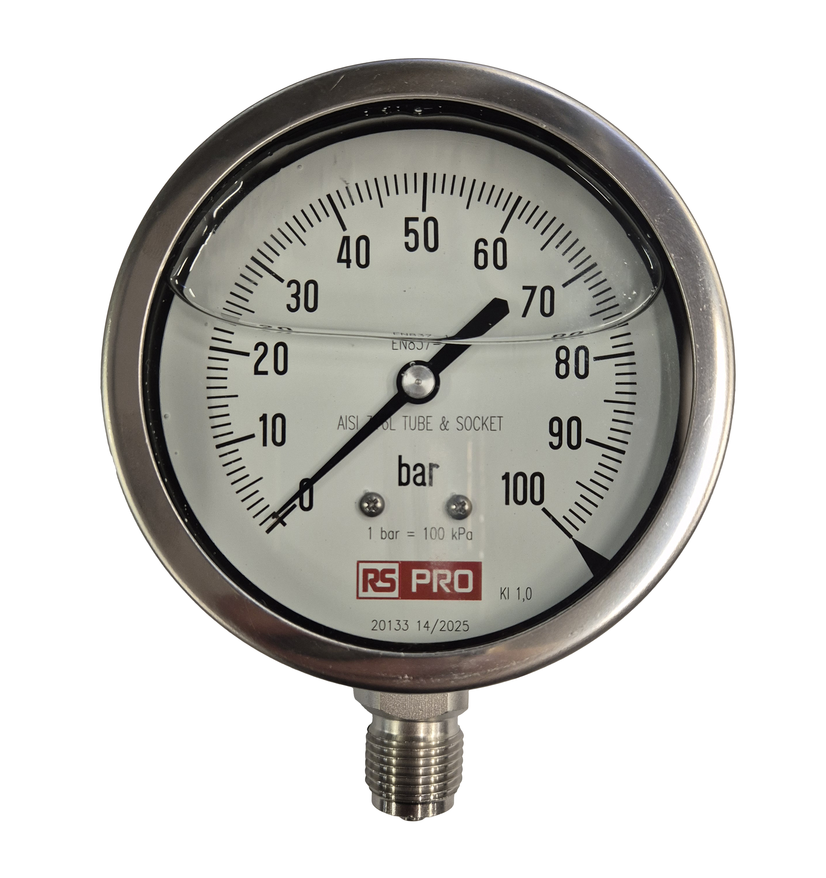 RS PRO BSP 1/2in Analogue Pressure Gauge 100bar Bottom Entry 100mm Outside Diameter