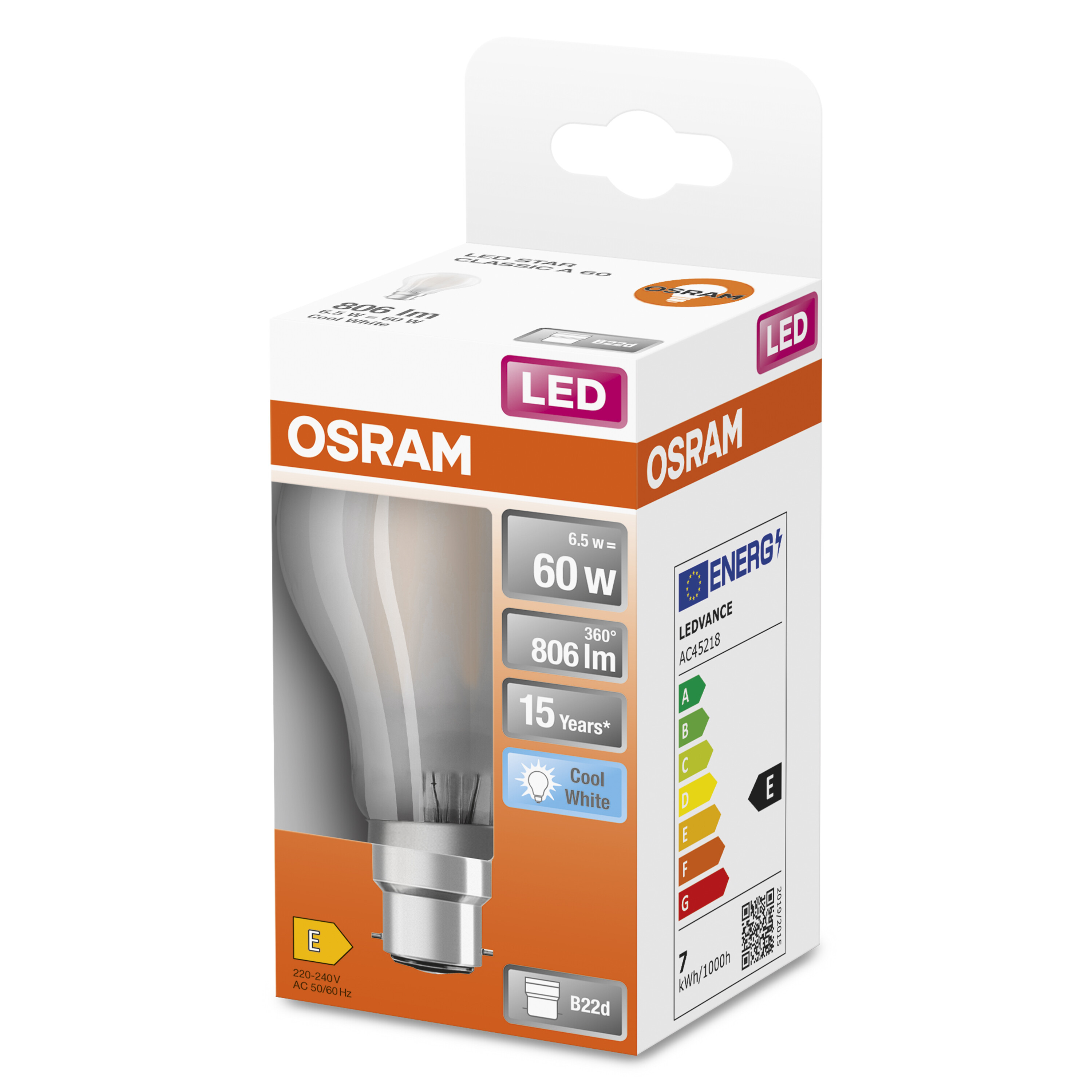 LEDVANCE 40580 B22d LED Bulbs 6.5 W(60W), 4000K, Warm White, Classic Bulb shape