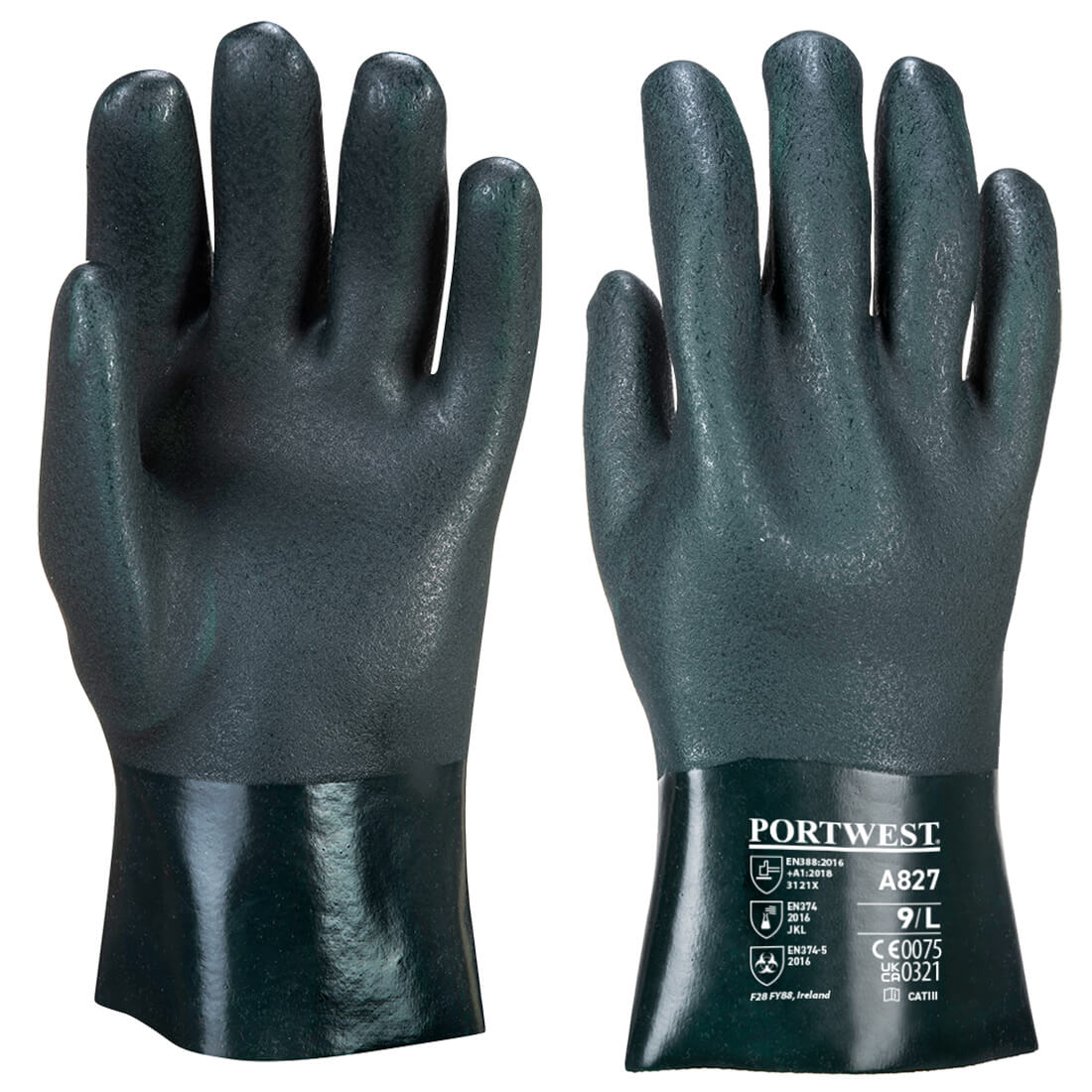 Portwest A827 Green Jersey Polyvinyl Chloride Glove, Size 10, Polyvinyl Chloride Coating