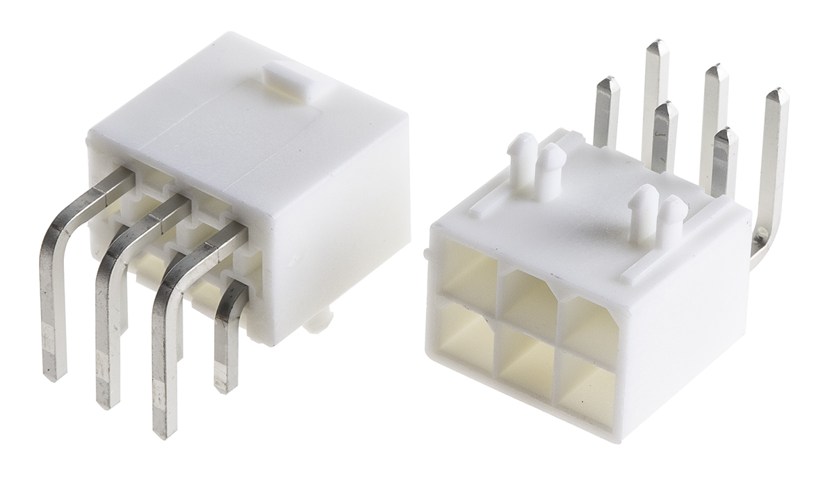 Molex Mini-Fit Jr Series Right Angle Through Hole PCB Header, 6 Contact(s), 4.2 mm Pitch, 2 Row, Shrouded