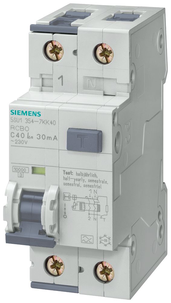 Siemens RCBO, 13A Current Rating, 2P Poles, 30mA Trip Sensitivity, Sentron Range