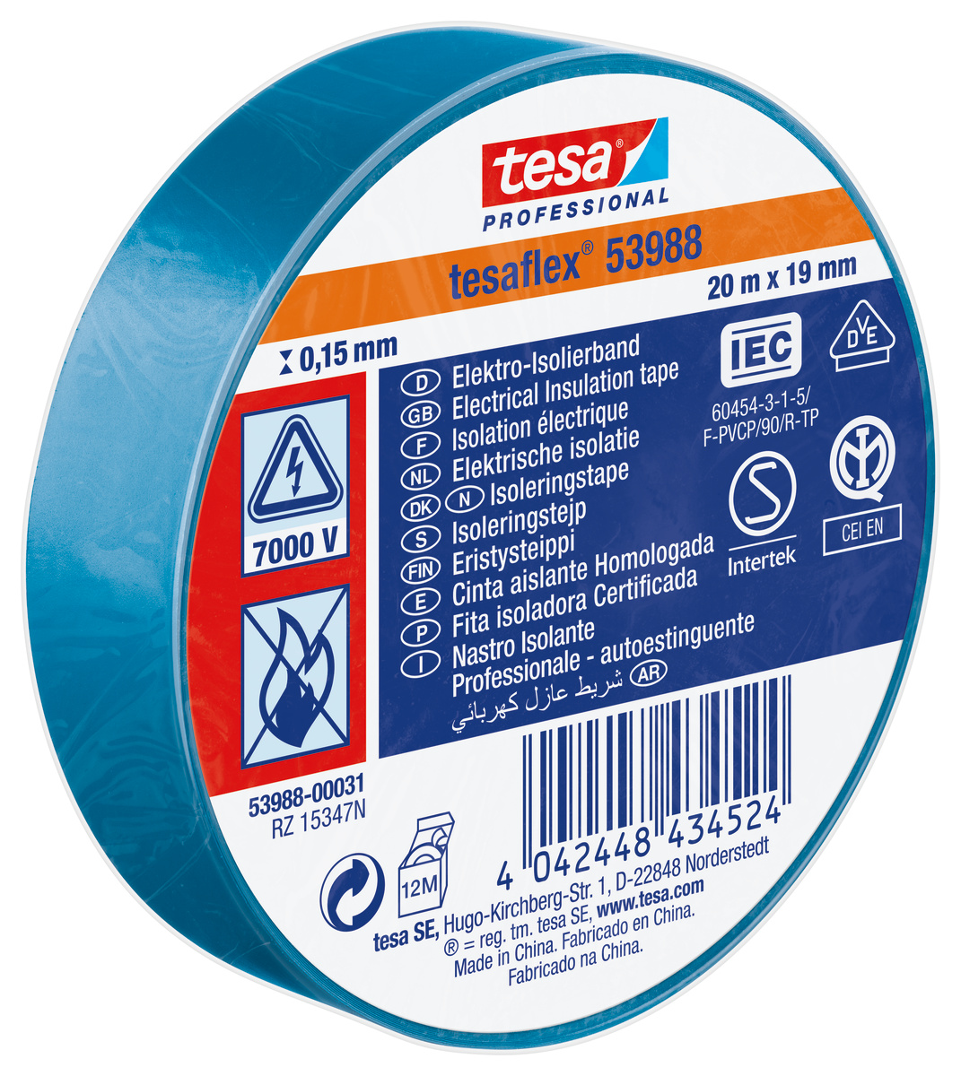 Tesa 53988 Blue Soft PVC Electrical Insulation Tape, 19mm x 20m