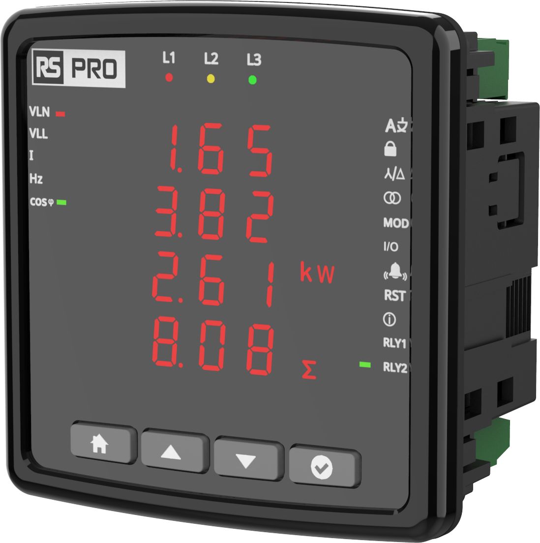 RS PRO LED Digital Panel Multi-Function Meter for Cos Phi, Phase Current, Phase-Neutral, Phase-Phase, RMS Voltage,