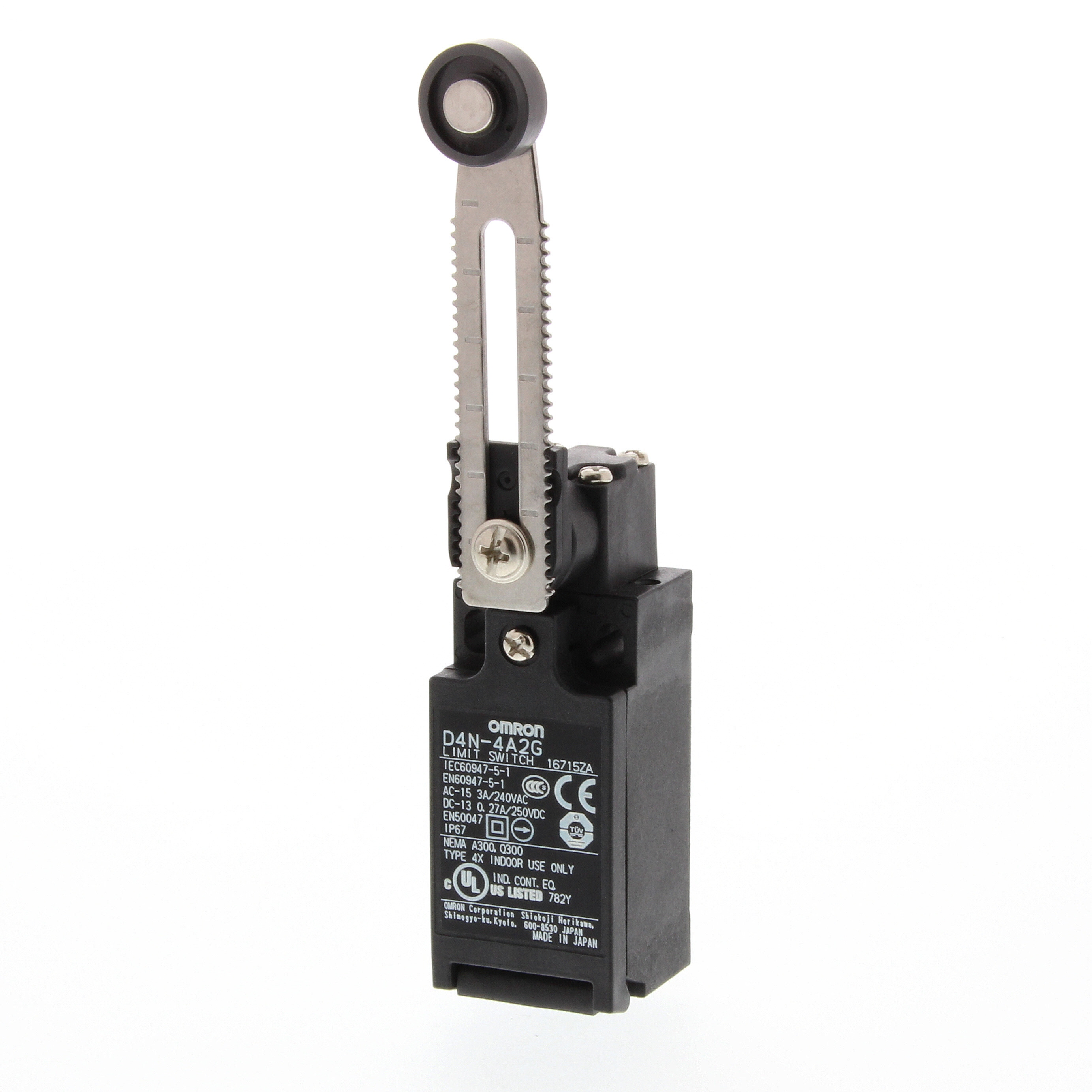 Omron D4N Series Adjustable Roller Lever Limit Switch, 2NC, IP67, DP, Plastic Housing, 240V ac Max, 10A Max