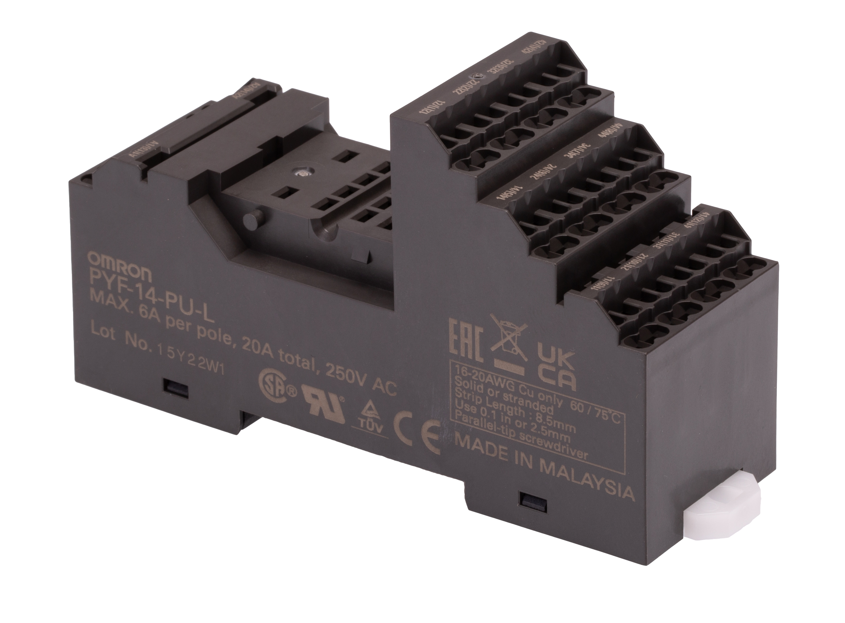 Omron MY4 14 Pin 250V ac DIN Rail Relay Socket, for use with H3Y Series Timer, H3YN Series Timer