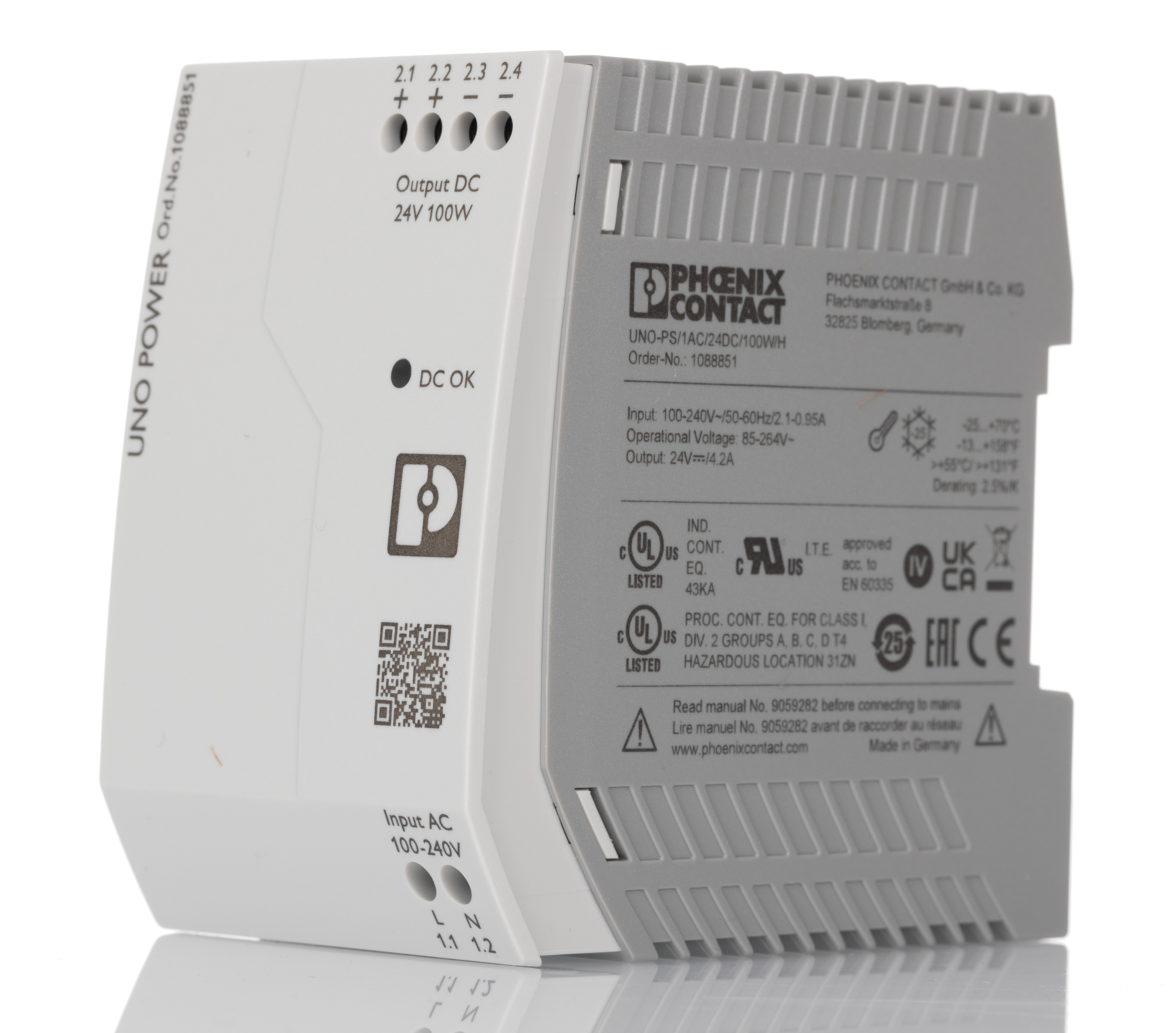 Phoenix Contact UNO POWER Switched Mode DIN Rail Power Supply, 100 → 240V ac ac Input, 24V dc dc Output, 4.2A