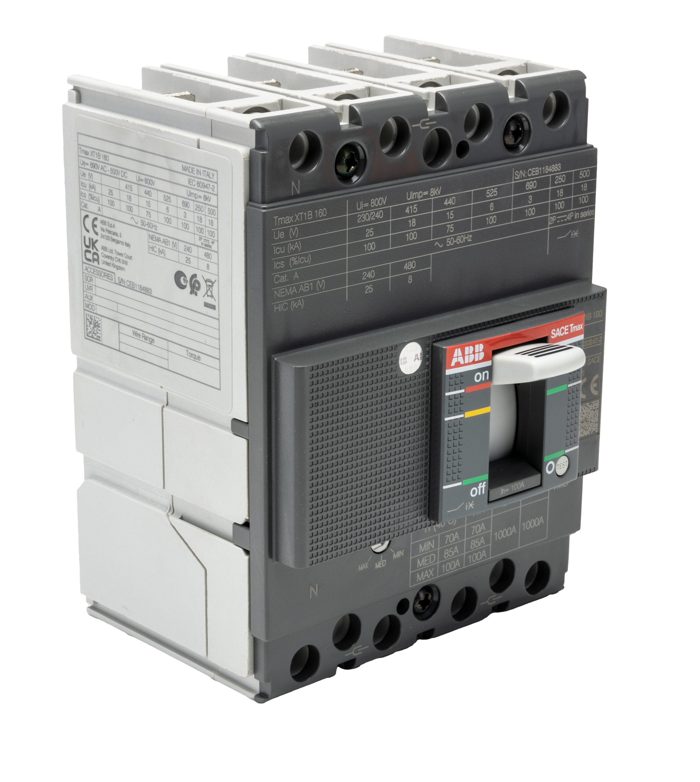 ABB, SACE Tmax XT MCCB Molded Case Circuit Breaker 4P 100A, Breaking Capacity 25 kA, Fixed Mount