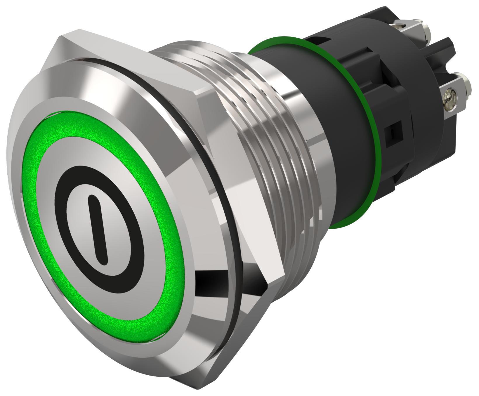 EAO 82 Series Illuminated Illuminated Push Button Switch, Latching, Panel Mount, 22.3mm Cutout, SPDT, Green LED, 240V,