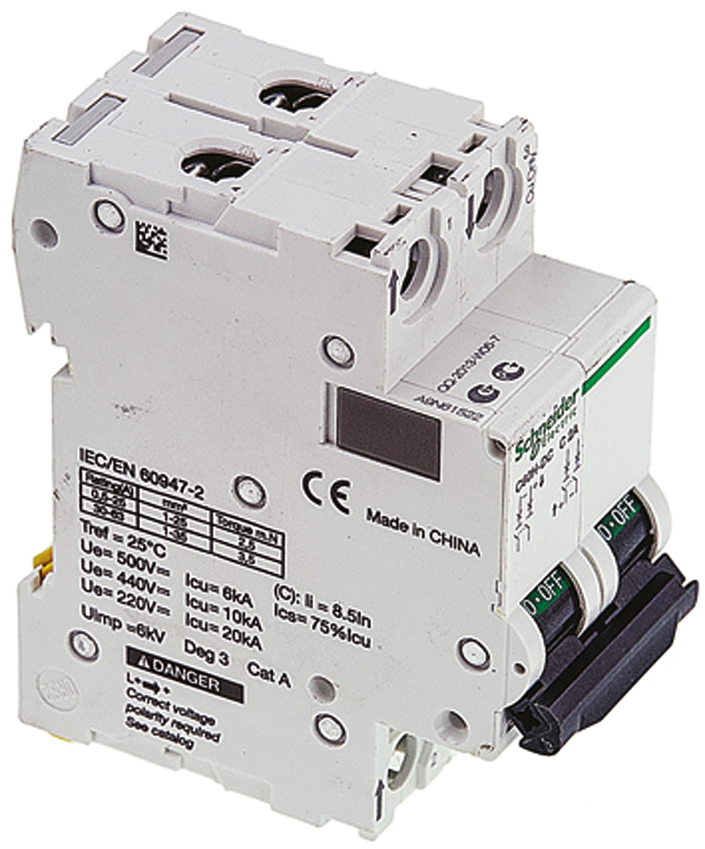 Schneider Electric Acti 9 C60H-DC MCB, 2P, 2A Curve C, 500V DC